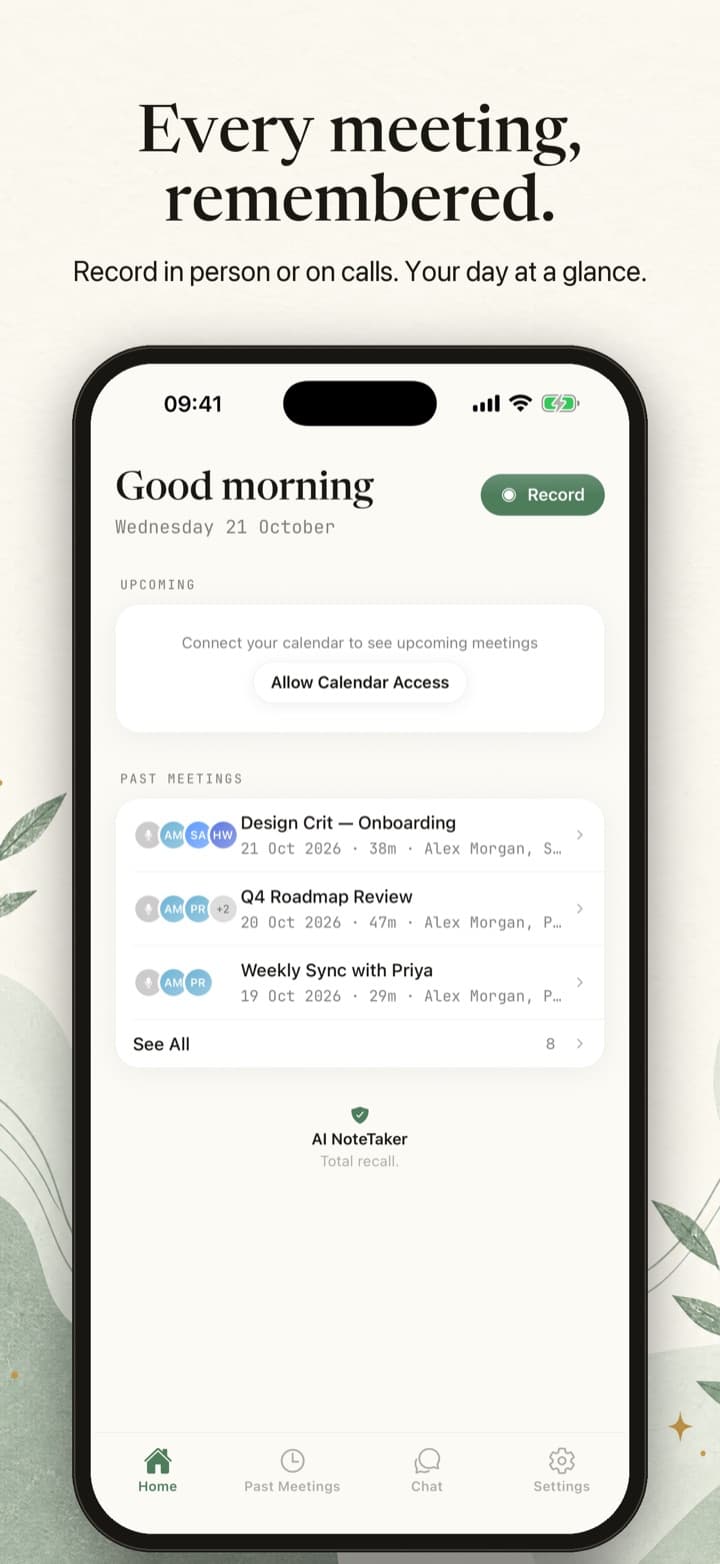 AI NoteTaker home screen with a Record button and recent meetings