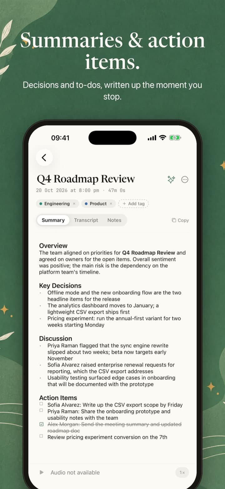 AI-generated meeting summary with decisions and action items